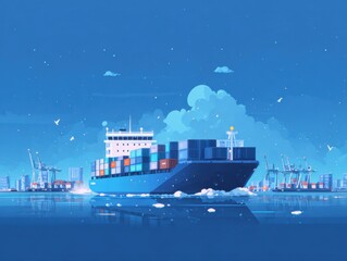Obraz premium Large cargo ship navigating through icy waters near a bustling port during twilight hours