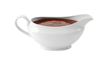 White Ceramic Sauce Boat Filled with Rich Brown Sauce on White Background