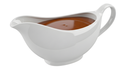 White Ceramic Sauce Boat Filled with Rich Brown Gravy on White Background