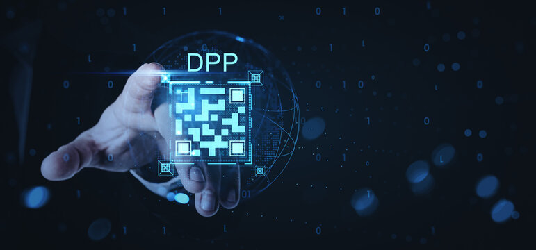Digital product passport QR code concept with human hand and futuristic HUD interface on binary matrix background in a technology innovation theme.