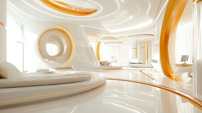 Futuristic interior design showcases a luxurious living space with white and gold accents, creating a modern and elegant atmosphere for relaxation
