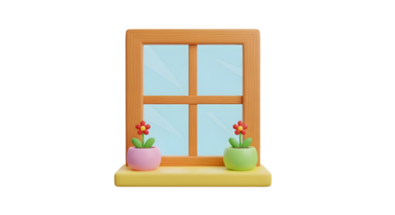 Wooden Window with Blue Glass Panes and Decorative Flower Pots on Sill