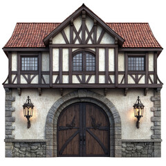 Detailed Facade of a Medieval Structure with Stone Arches and Wood Framing