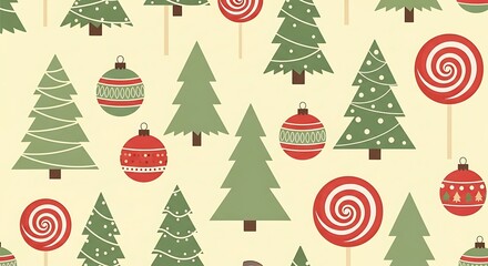 Seamless christmas pattern with trees, ornaments, and lollipops