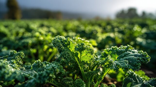 Dewy curly kale leaves glisten in bright sunlight across a vibrant green field - Powered by Adobe
