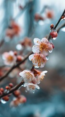 Frozen plum blossoms surrounded by ice create a serene winter landscape