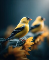 Goldfinches perched on sunflowers in a snowy field enjoying a sunlit winter morning