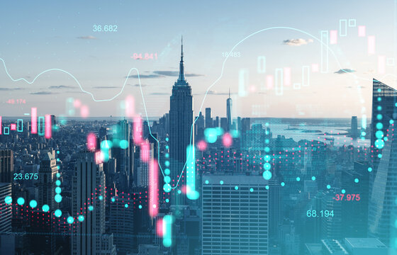 Financial market chart overlays on aerial cityscape of Manhattan, New York with futuristic data visualization concept elements during sunset.