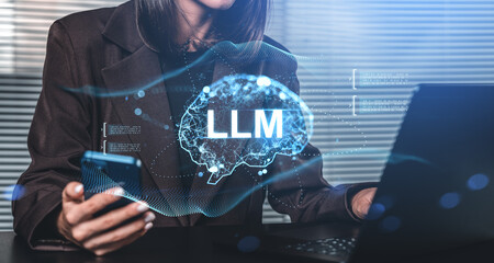 Businesswoman using smartphone and laptop with LLM digital brain