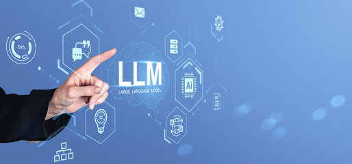 Hand pointing at LLM interface with futuristic large language model icons on digital blue tech background representing AI and innovation concept.
