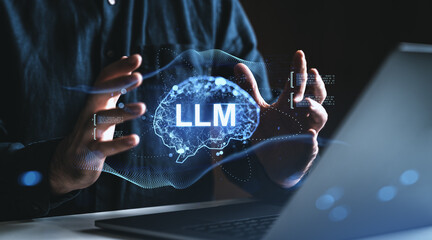 Futuristic LLM interface concept with glowing digital brain held between hands over laptop...
