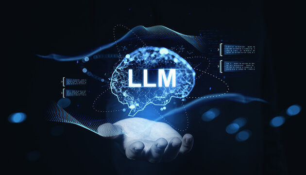 Futuristic concept of LLM technology with glowing digital brain hovering over hand, representing large language model in artificial intelligence systems.