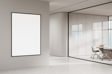 Obraz na płótnie Canvas Vertical blank poster mockup on wall in modern office interior with glass meeting room and city view in background, clean minimal concept design. 3D Rendering