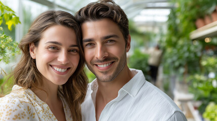 Fototapeta premium Two young adults smiling together in a lush plant nursery during daytime, under soft natural light, showcasing joyful expressions and green surroundings, serene garden scene, calm 