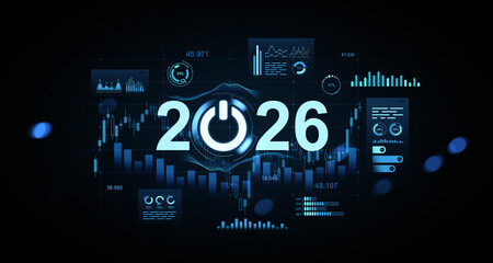 Futuristic digital concept design for 2026 with glowing data charts, technology graphics, and power symbol on dark background in blue tones. 3D Rendering
