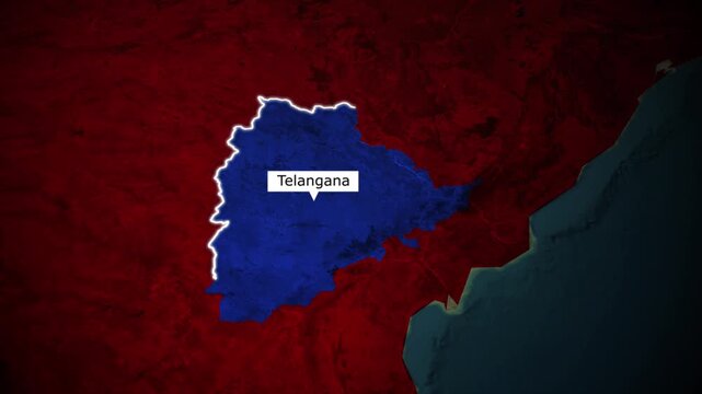 Telangana map highlight animation, India state location zoom, political map video, geographic region highlight, satellite view animation	