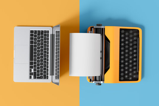 Modern laptop and vintage typewriter with blank paper on vibrant split background representing technology evolution and creative writing concept. 3D Rendering - Powered by Adobe