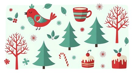 Cute christmas illustration with a bird, trees, candy cane, and cakes