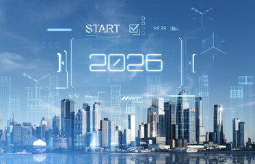 Futuristic 2026 startup success concept over New York Hudson Yards skyline with digital interface elements and blue sky background.