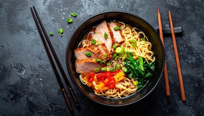 Overhead View of Ramen Bowl with Sliced Pork Red Peppers and Green Vegetables on Dark Textured Surface with Chopsticks and Selective Focus