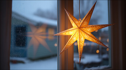 Warm glowing star decoration hanging in a window, creating a cozy and festive holiday atmosphere