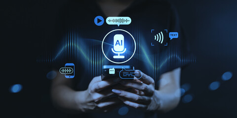 AI voice recognition technology concept with smartphone and sound wave interface icons on dark background representing tech innovation in audio processing.