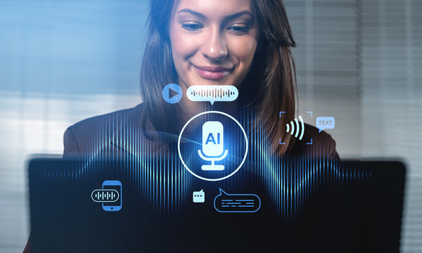 Woman using AI voice assistant technology on laptop with futuris