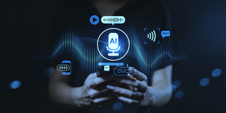 AI voice recognition technology concept with smartphone and sound wave interface icons on dark background representing tech innovation in audio processing. - Powered by Adobe