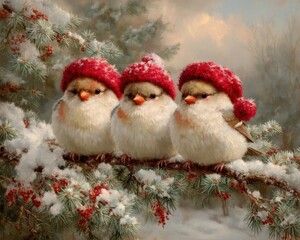 Three cute red cardinals with Santa hats perched on a pine branch in snowy winter scene
