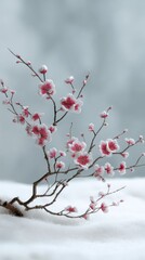Plum blossoms branch with delicate embroidery details against white snowy background