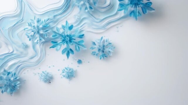 Abstract icy patterns swirl with delicate blue snowflake accents on a white background