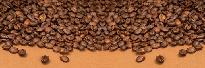 Dark brown whole coffee beans on wood background with copyspace