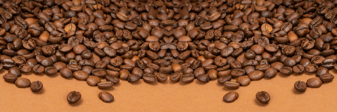 Dark brown whole coffee beans on wood background with copyspace