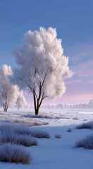 Winter landscape with hoarfrost trees and soft morning mist at sunrise in a peaceful field