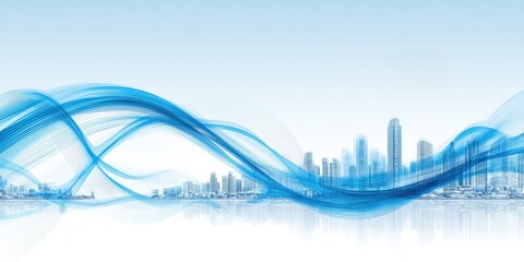 City skyline with flowing blue waves representing technology and innovation in urban landscapes