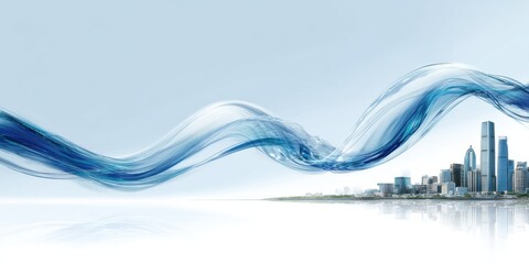 Modern city skyline with flowing blue abstract waves in a bright sky