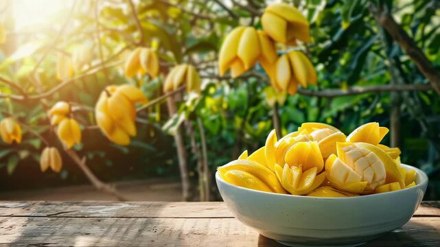 Carambola in a bowl in a white bowl on a wooden table. Selective focus