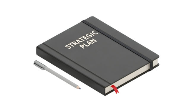 Black Notebook with Strategic Plan Text and Pen on White Background