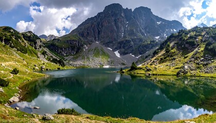 Obraz premium A breathtaking alpine landscape featuring a serene lake reflecting majestic mountains under a cloudy sky