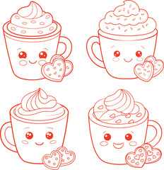 Cute kawaii hot chocolate with heart cookies coloring page