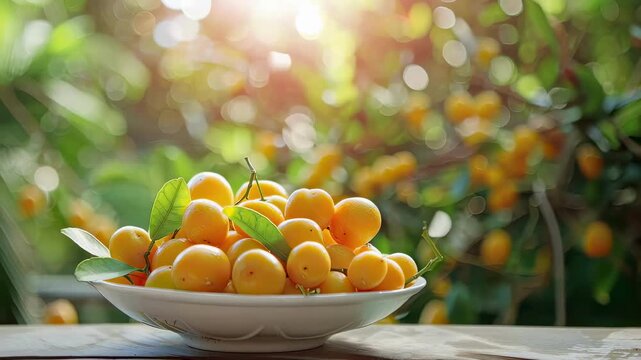 kumquat in a bowl in a white bowl on a wooden table. Selective focus