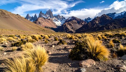 A breathtaking landscape featuring a towering, snow-capped mountain range under a dynamic sky with lush grasslands in the foreground