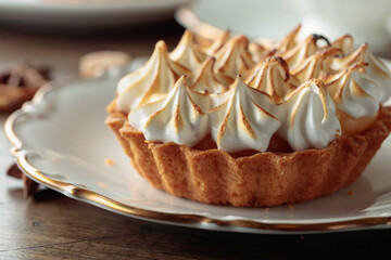 Meringue tartlet on a white saucer.