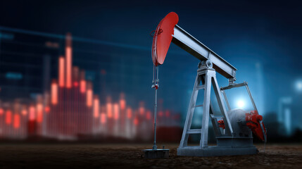 Oil pump jack with red head blurred background of financial graph and cityscape night, symbolizing energy market trends