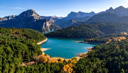 Obraz premium A breathtaking panoramic view of a tranquil lake nestled amidst rolling, forested hills and majestic, rugged mountain ranges under a clear, bright blue sky