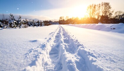 Snowy path leading into a winter sunset