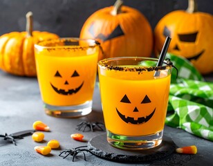 Festive Halloween scene with jack-o'-lantern juice and pumpkins