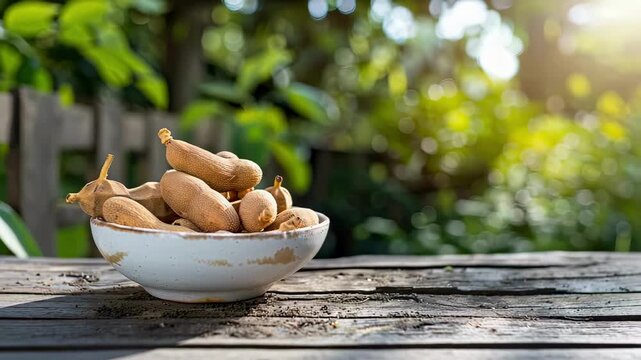 tamarind in a bowl in a white bowl on a wooden table. Selective focus