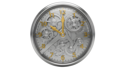 Silver Mechanical Watch with Gold Accents Showing Time on White Background