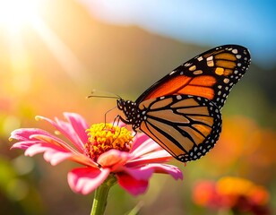 Fototapeta premium A vibrant monarch butterfly perched atop a brightly colored flower
